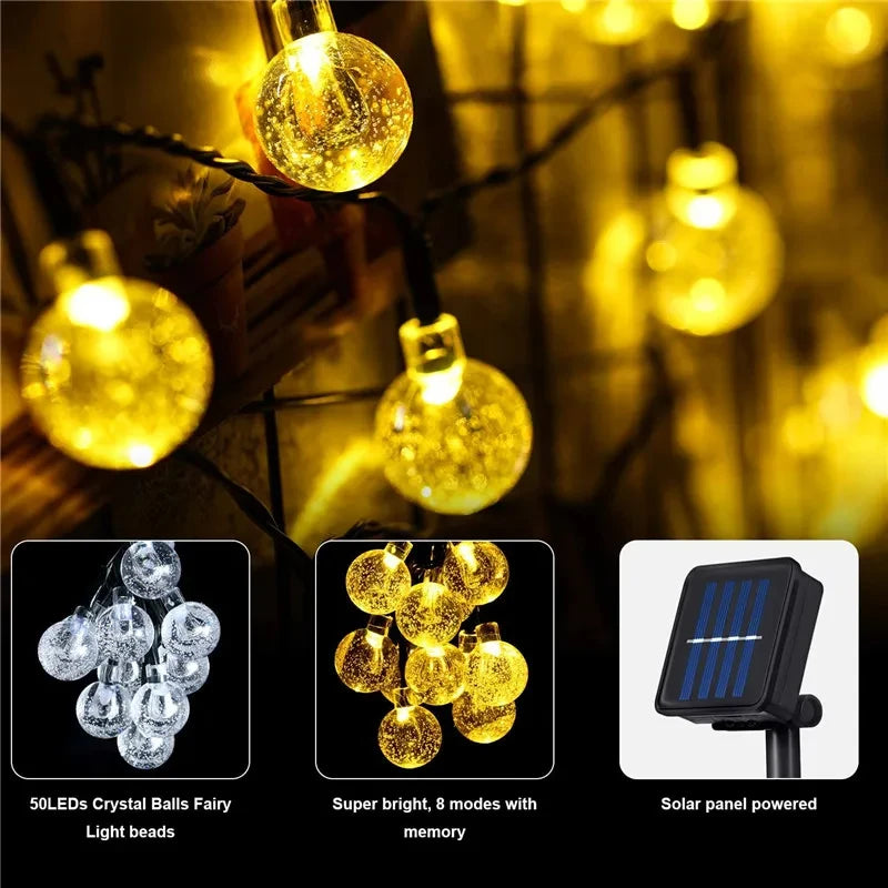 Waterproof 50 LED Solar String Lights with 8 Modes & Crystal Balls for Home, Garden, Wedding & Christmas Decor