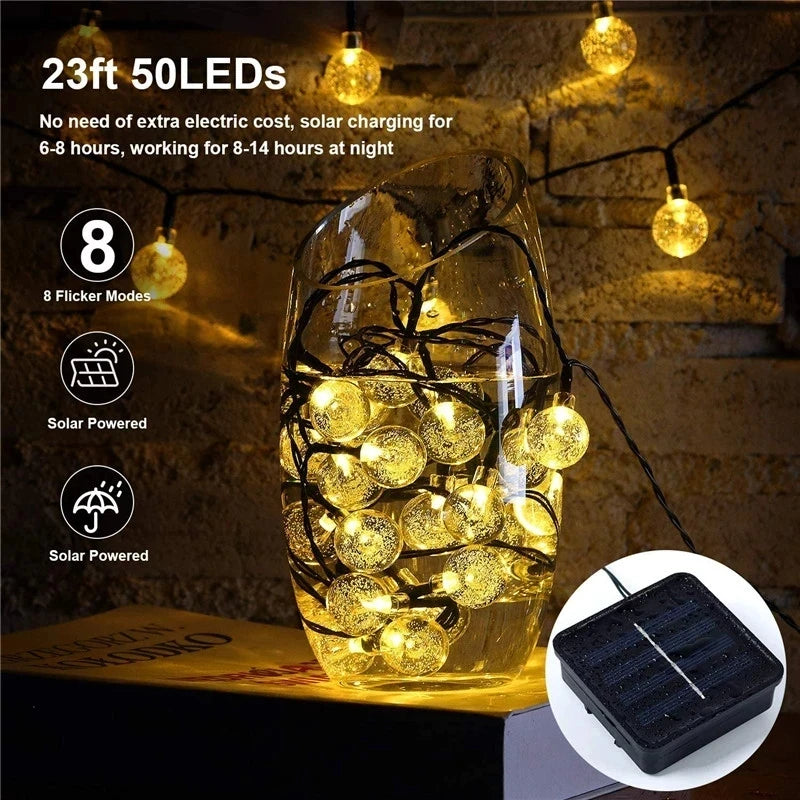 Waterproof 50 LED Solar String Lights with 8 Modes & Crystal Balls for Home, Garden, Wedding & Christmas Decor